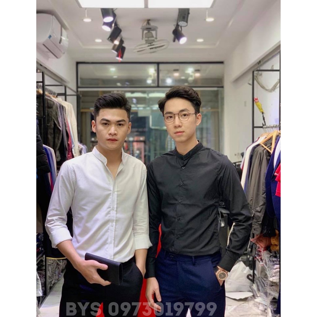 sơ mi nam cổ tàu chất liệu lụa thái cao cấp màu đen và màu trắng vải bóng nhẹ mềm mặc mát không nhăn | BigBuy360 - bigbuy360.vn