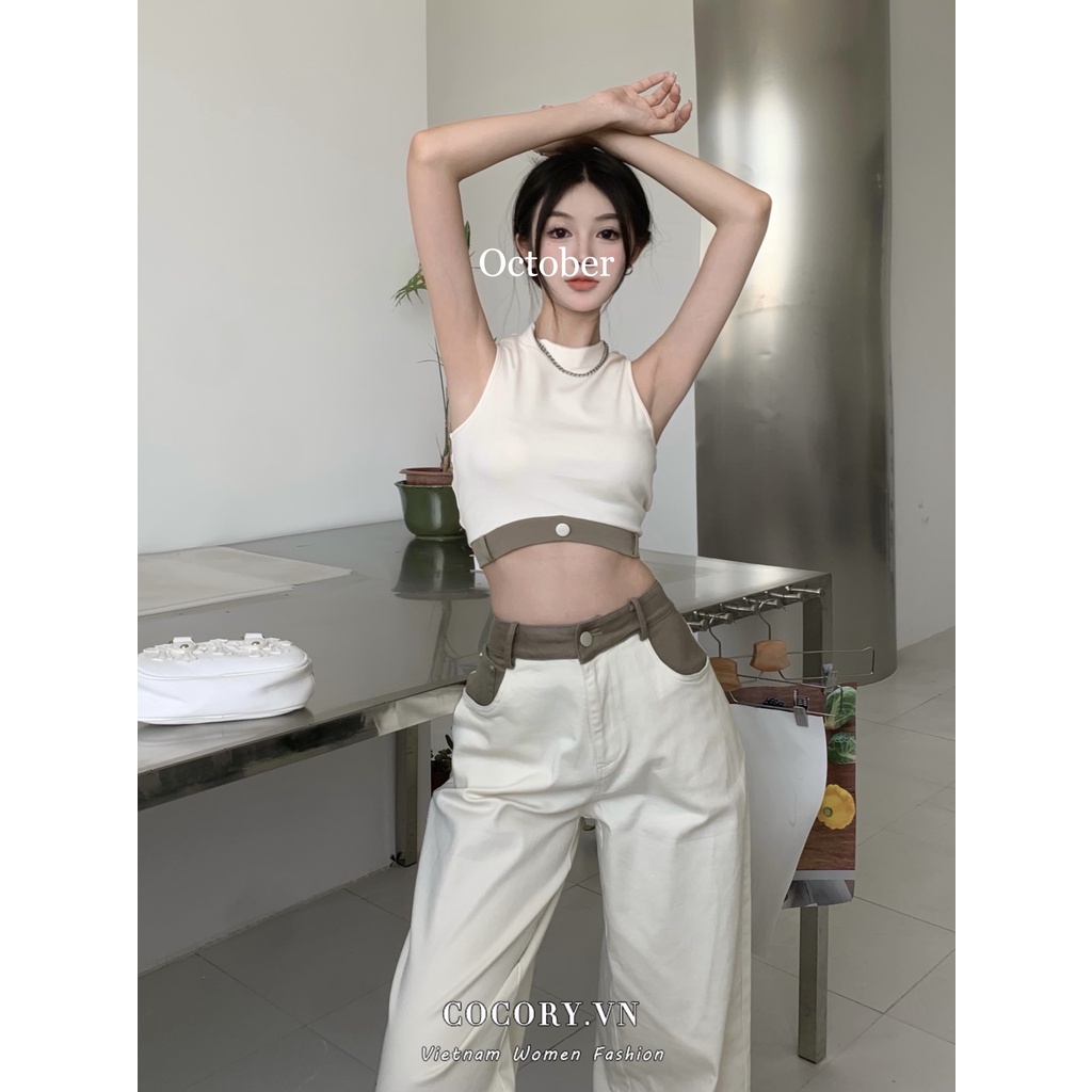 Cocory vn Set Áo Cộc Tay Cổ Tròn + Quần Dài Ống Rộng Thời Trang Nữ