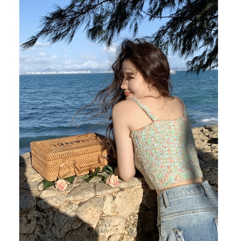 QADCOL  Áo Hai Dây Dệt Màu Sắc Đơn Giản Quyến Rũ Cho Nữ