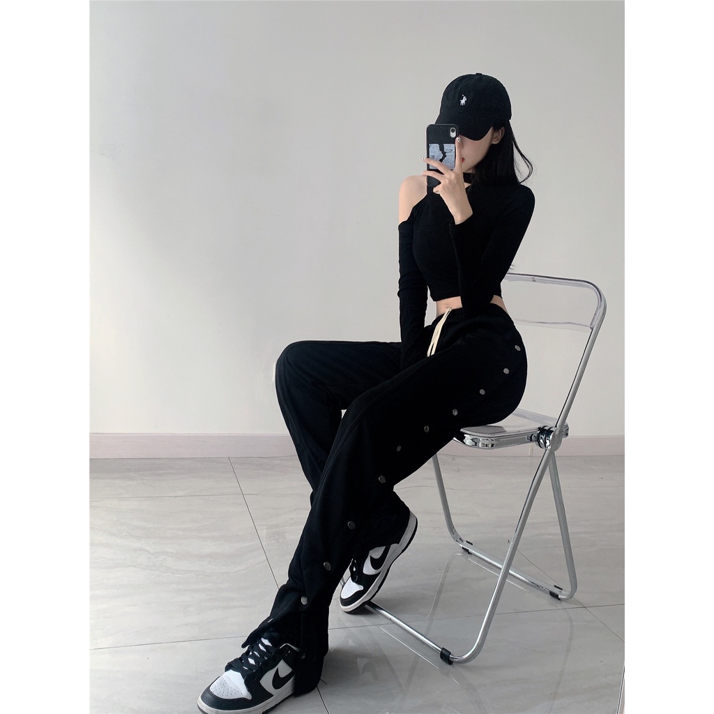 Cocory vn Quần ống rộng xẻ tà kiểu dáng thời trang phong cách retro dành cho nữ