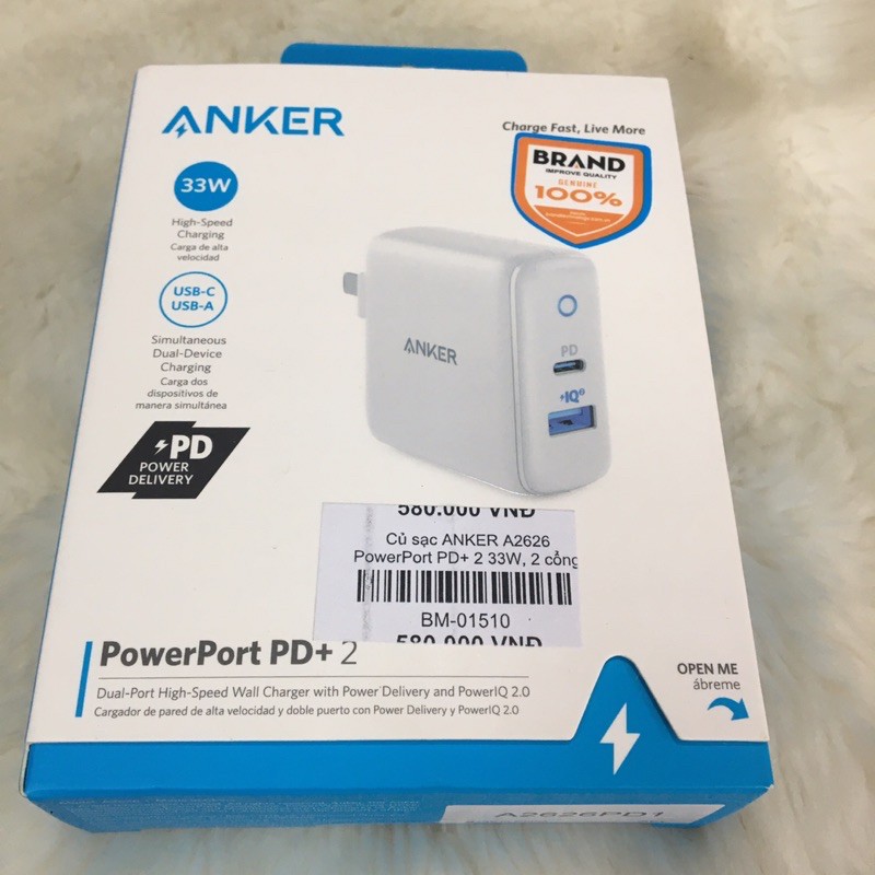 Củ sạc ANKER A2626 PowerPort PD+2 33W 2 cổng USB IQ & Type C