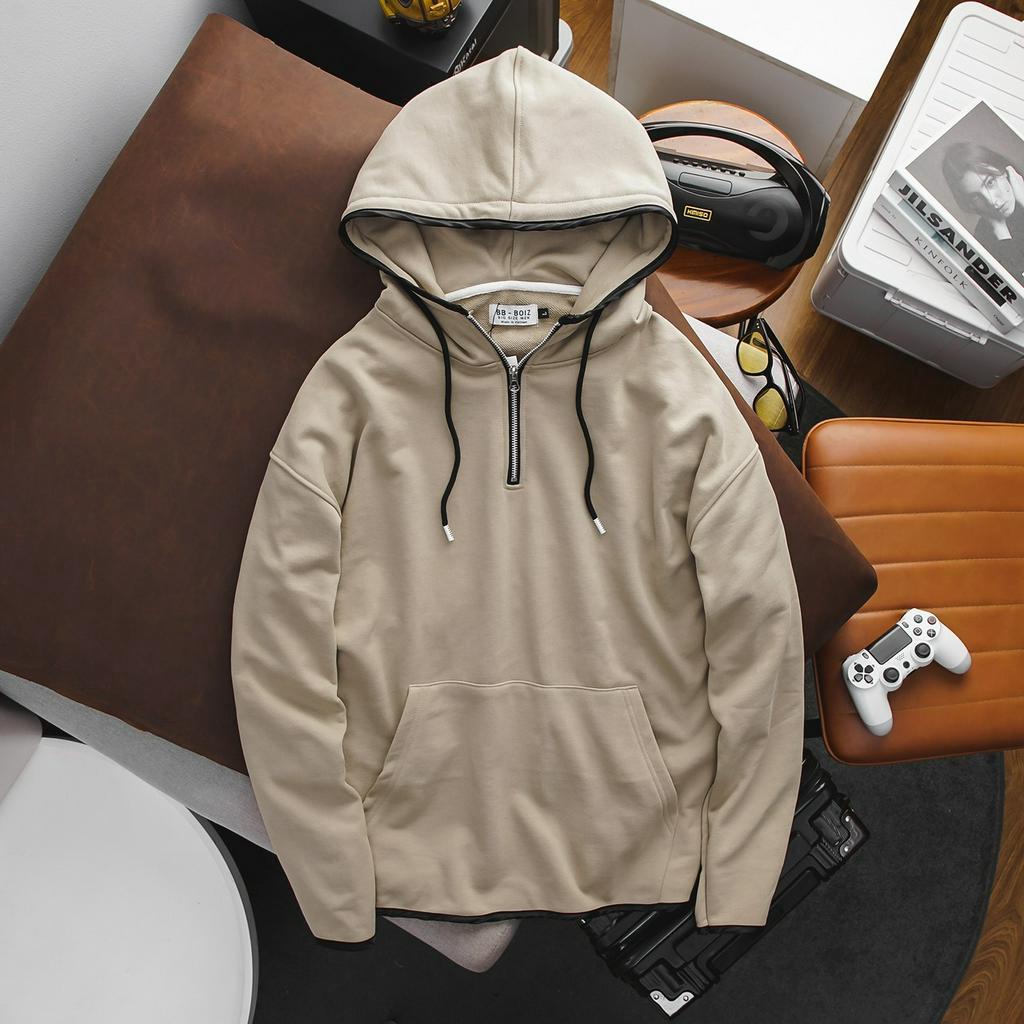 BIGSIZE - Áo hoodie BB - Boiz nam vải nỉ form bigsize 90kg - 130kg - nâu cà phê dây kéo cổ