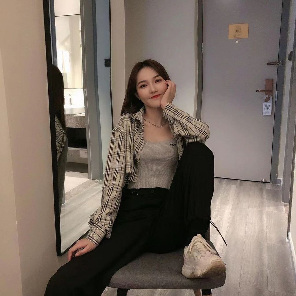 Áo Khoác Sơ Mi Ngắn Tay Dài Eo Cao Họa Tiết Kẻ Ô Màu Đen Thời Trang Mùa Thu Dành Cho Nữ