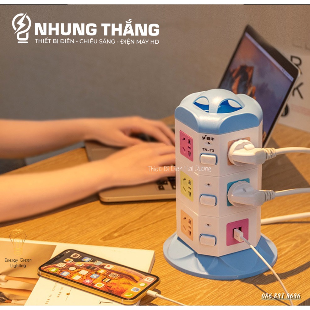 Ổ Cắm Điện Đứng Đa Năng TN-2,3,4 Tầng - Dây Dài 2m8 Tặng Kèm Phích Cắm Chuyển Đổi - Bảo Hành 1 Năm