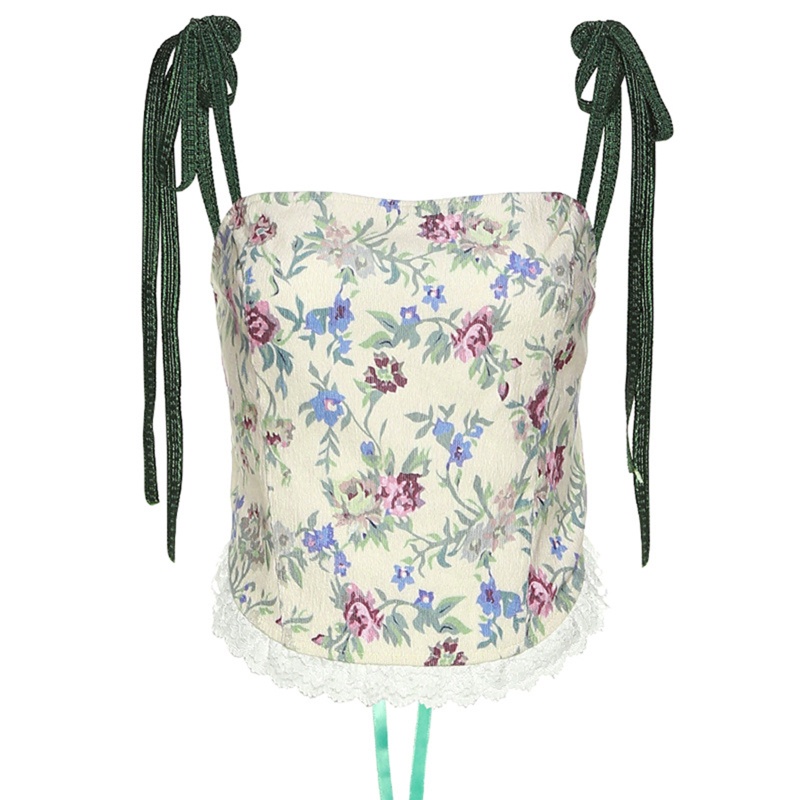 Áo Croptop Hai Dây Hở Lưng Họa Tiết Hoa Phong Cách Vintage Cho Nữ
