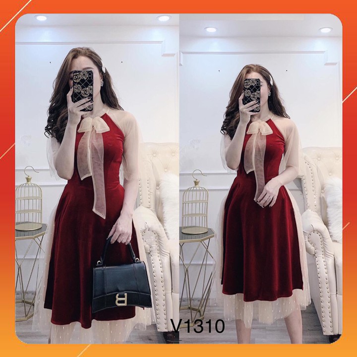 Đầm dự tiệc nhung dáng xòe phối lưới V1310 sang chảnh kiêu sa ( kèm ảnh thật )