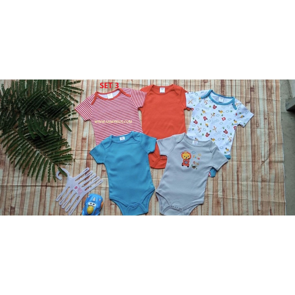 Set 5 bộ body suit cộc tay cho bé từ 0-9 tháng. 100% cotton mềm mịn thoáng an toàn cho trẻ sơ sinh set1