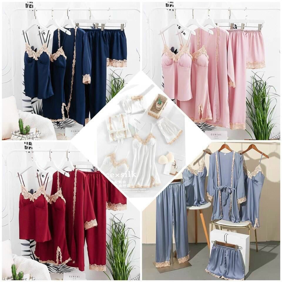 Sét ngủ hai dây lụa satin sexy cao cấp Đầm mặc nhà gợi cảm quyến rũ 5 món