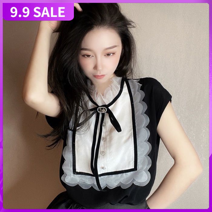 Temperament celebrity bow round neck short sleeve T-shirt women's dress 2022 summer new style foreign style fashion versatile top trend