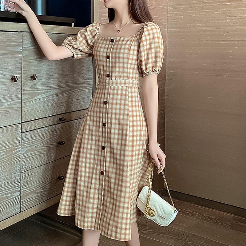 Đầm Midi Cổ Vuông Họa Tiết Sọc Caro Phong Cách Cổ Điển Thời Trang Mùa Hè Xinh Xắn Cho Nữ