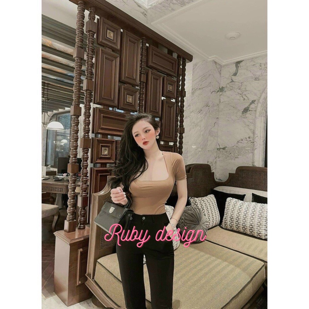 Áo thun nữ kiểu ngắn tay cổ vuông chất bozip co giãn, cổ U phom ôm nhiều màu - Ruby design