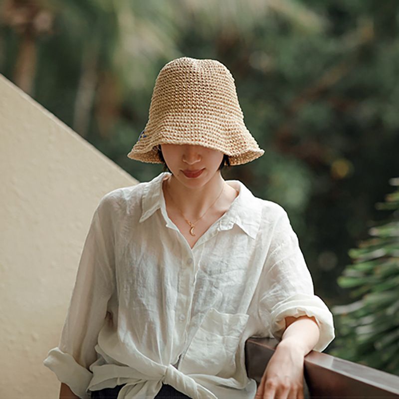 Mũ Đi Biển Cói Mềm Sợi Móc Hoa Trắng