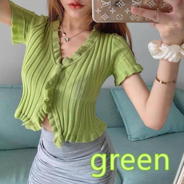 Áo dệt kim tay ngắn thiết kế xẻ trước phong cách Jennie BLACKPINK điệu đà thời trang cho nữ T7B97QANU01