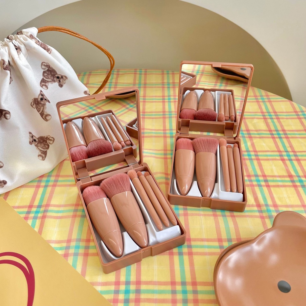 Bộ Cọ Trang Điểm Cá Nhân 5 Món Kèm Hộp Gương Màu Hồng Vintage Siêu Xinh
