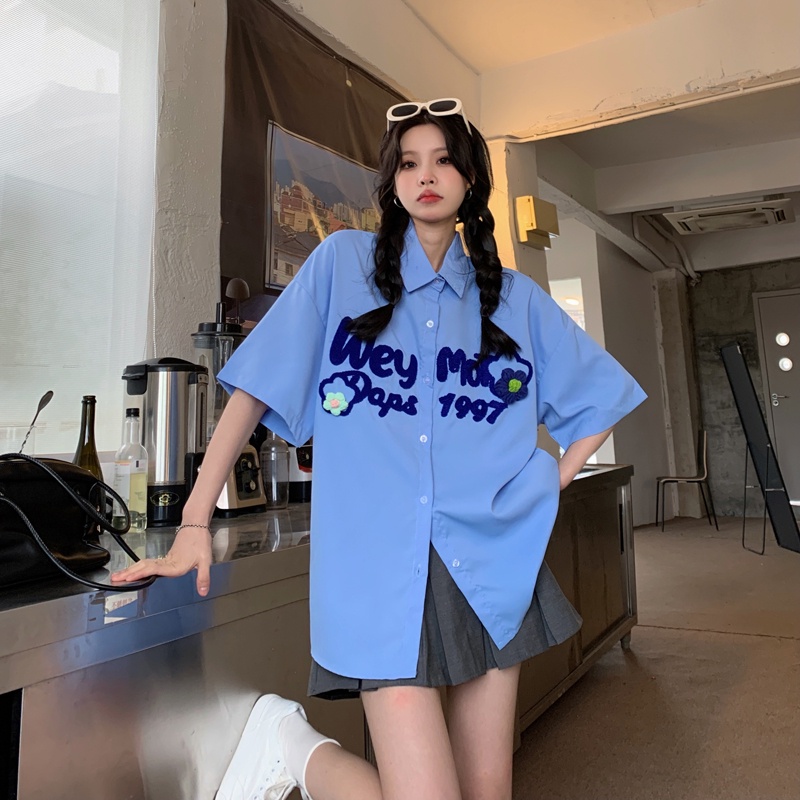 【ZHELIHANGFEI】Áo Sơ Mi Tay Dài Form Rộng Họa Tiết Thêu Theo Phong Cách Nhật Bản Dễ Phối Đồ