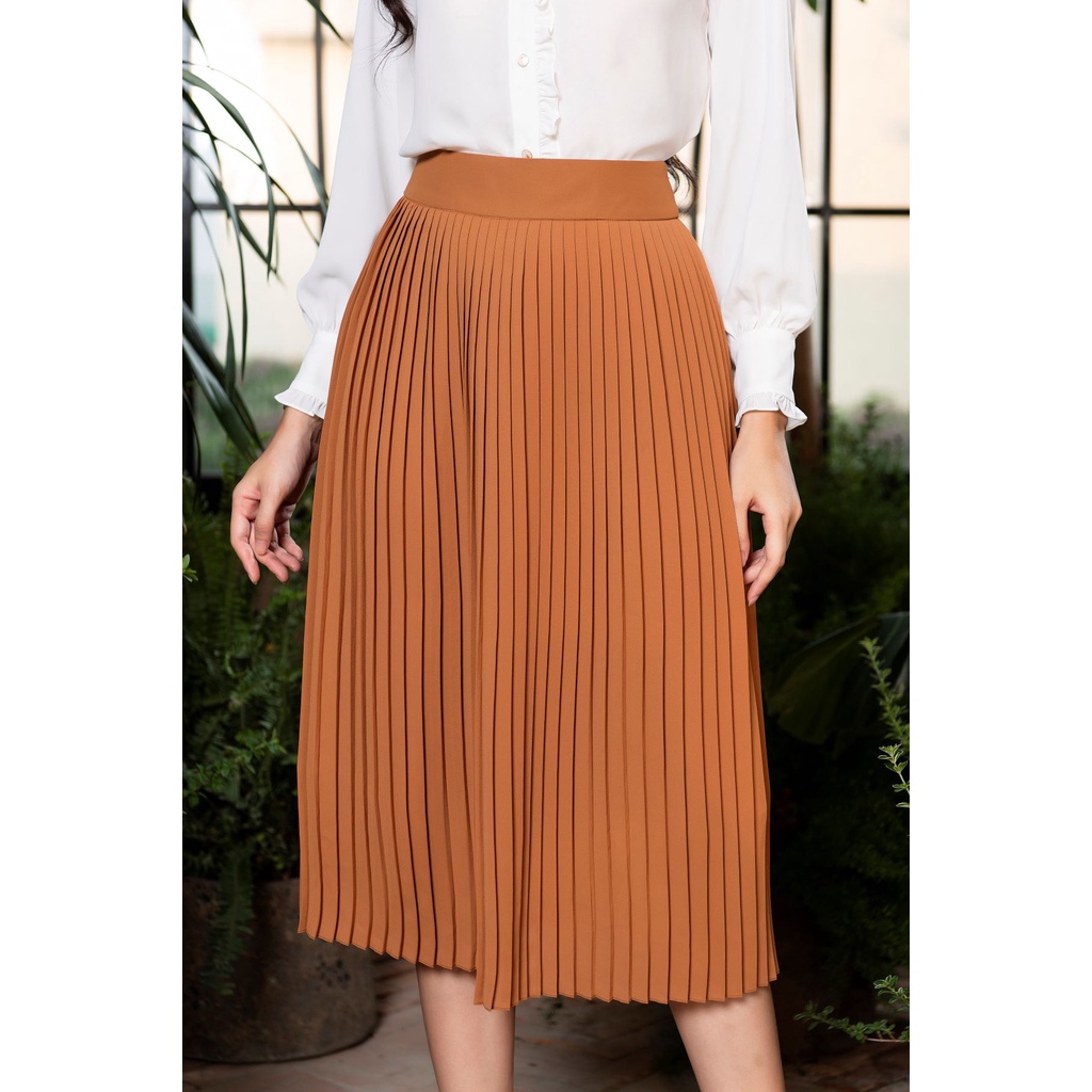 LALULILL - Chân váy 2 lớp dập ly lụa viscose nâu ánh cam