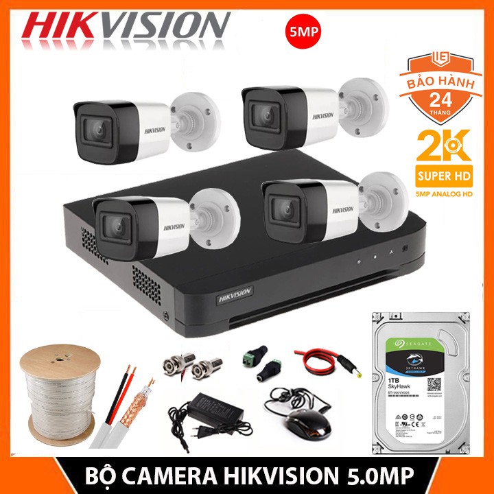 Trọn Bộ camera giám sát Hikvision 5.0MP (2K) - Đủ bộ [1/2/3/4] Camera 5.0MP, Kèm HDD, Đầy đủ phụ kiện lắp đặt