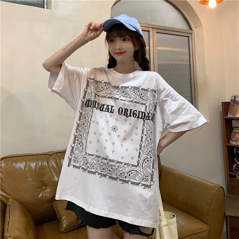 Happy-store  Áo Thun Tay Ngắn Cổ Tròn Dáng Rộng In Họa Tiết Thời Trang Mùa Hè Hàn Quốc Cho Nữ