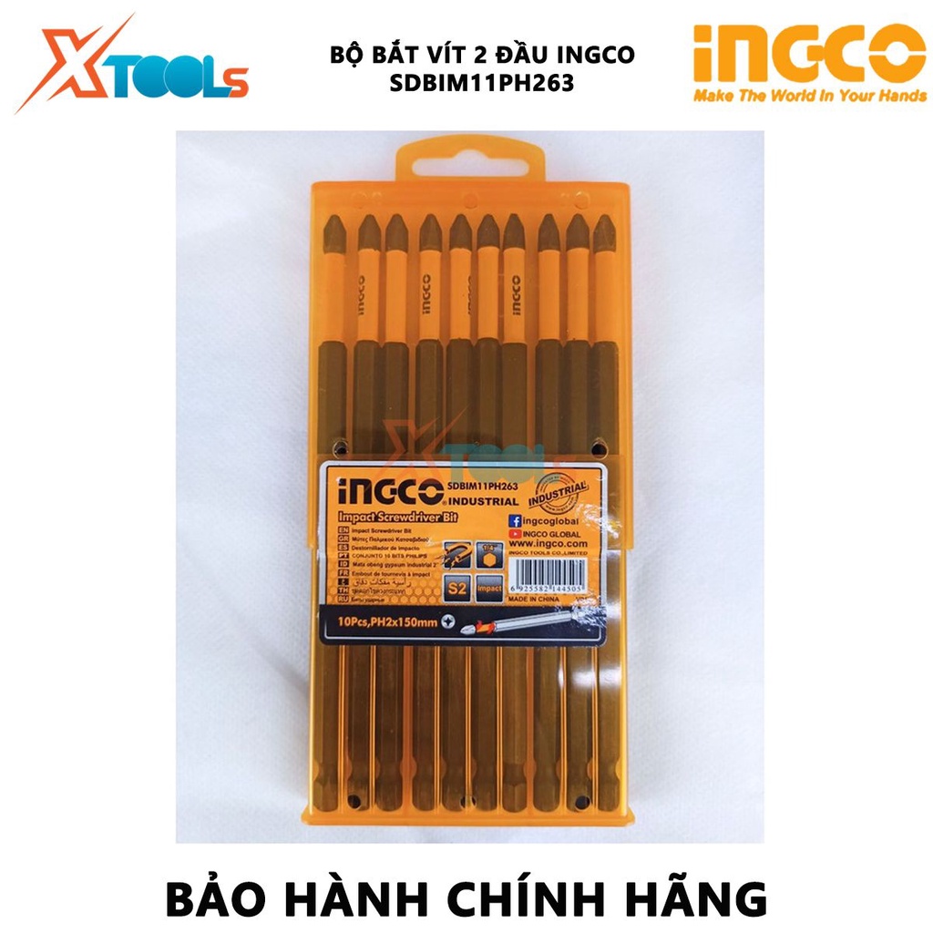 Bộ mũi bắt vít 10 chi tiết INGCO SDBIM11PH263 mũi bắt vít PH2 150mm, Thép công nghiệp S2 có nam châm hít mũi bắn vít phụ