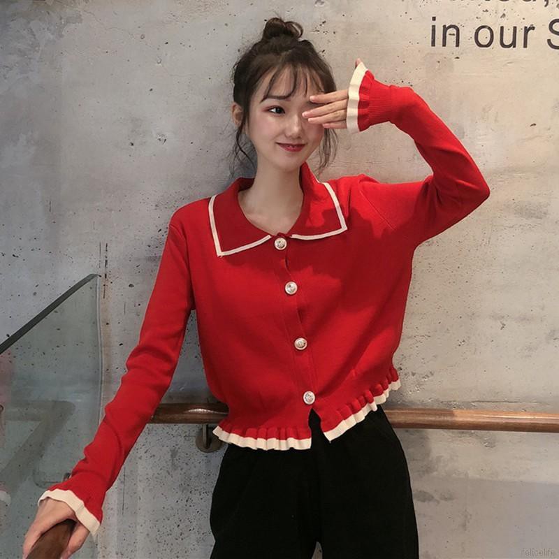 Áo cardigan có hàng nút đơn phối nhún bèo màu sắc thời trang