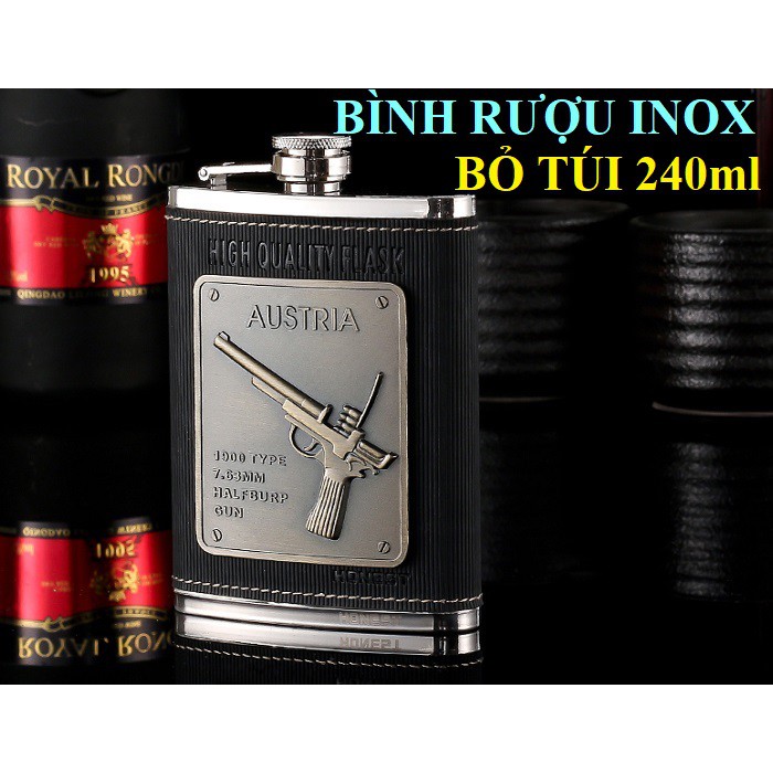 Bình hip flask đựng rượu mini Honest 8oz bao da, logo khắc cây súng độc đáo, dung tích 240ml
