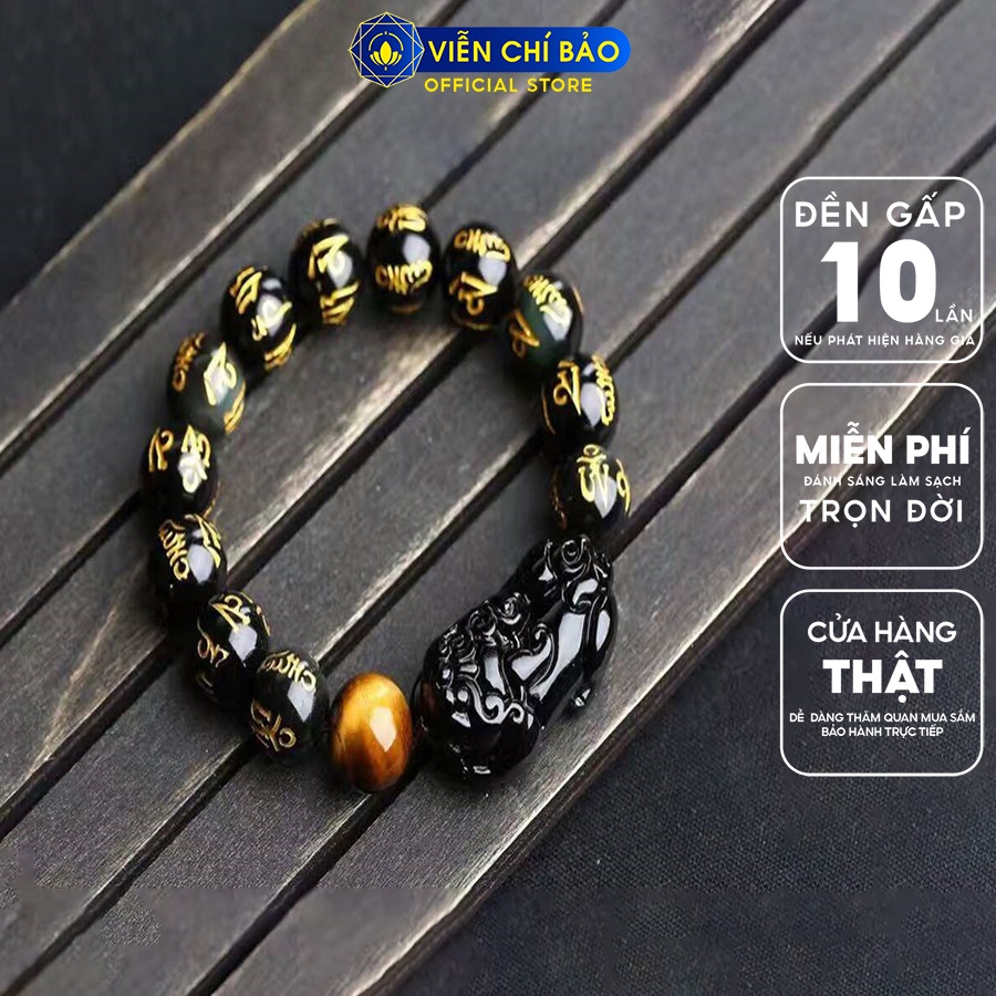 Vòng tay đá phong thủy Tỳ Hưu đen khắc Kinh Phật chữ vàng thời trang phụ kiện trang sức Viễn Chí Bảo V000461