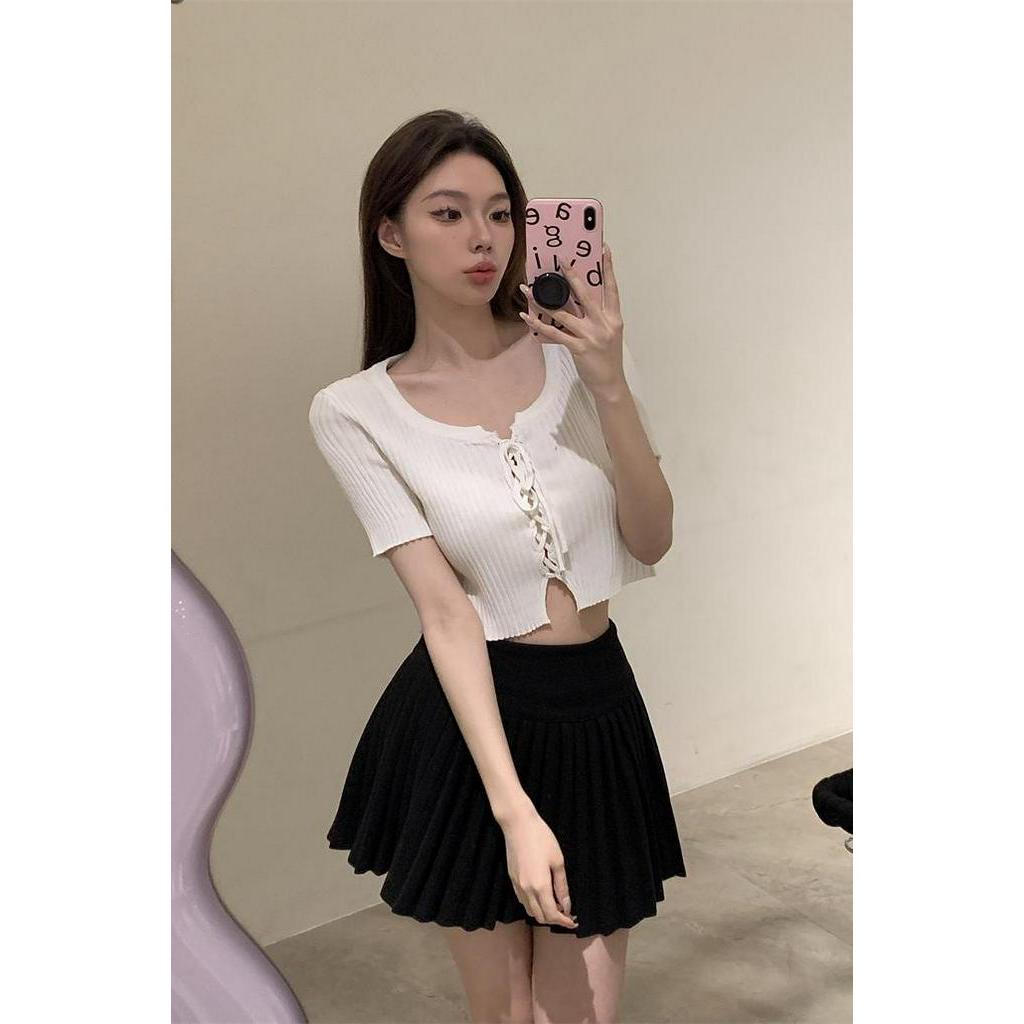 Áo Sweater Dệt Kim Cổ Vuông Cột Dây Dáng Ngắn Thời Trang 61048