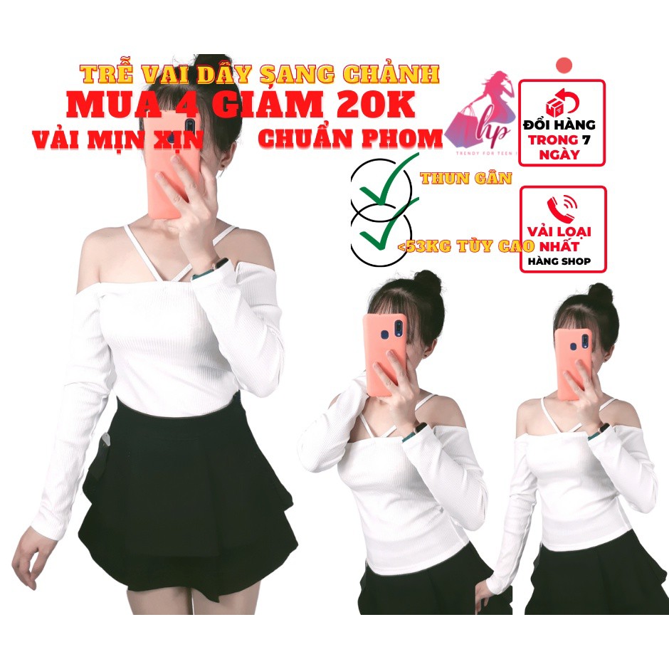 Áo nữ hai dây kiểu bẹt trễ vai tay dài vải thun gân màu trắng đen mịn xịn cưc sang chảnh mẫu mới thời trang nữ