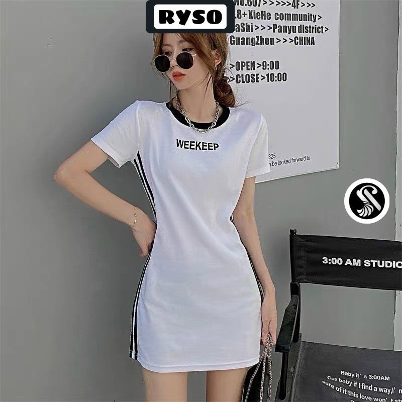 đầm tay ngắn cổ tròn viền màu sọc thân 2 bên cực hot chữ ngực kng