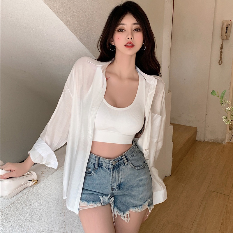 Áo Croptop Dệt Kim Hai Dây Màu Trơn Có Đệm Ngực Thời Trang Mùa Hè Hàn Quốc