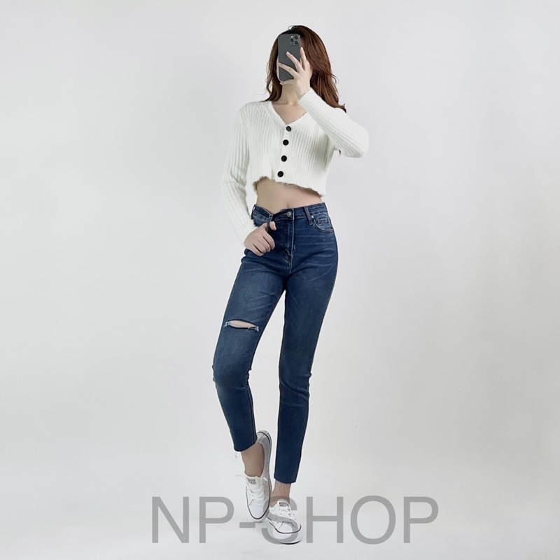 Quần jean nữ lưng cao NP Shop ⚡️ Quần bò nữ 9 tấc dáng ôm cạp cao co giãn kiểu Rách Đùi