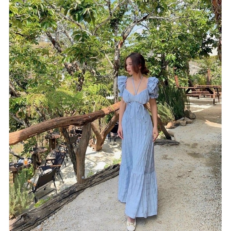 Đầm Maxi Cao Cấp Nữ Đi Biển cổ yếm cột dây 🔥FREESHIP 🔥Váy Đũi Xòe Hở Eo Bo Chun Tay Phồng Dáng Dài Bèo Vải Đũi Xốp
