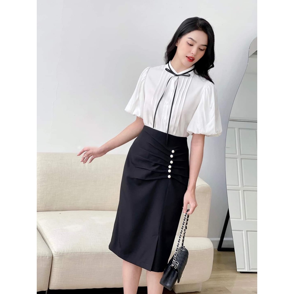 Sét chân váy + áo sơ mi tay phồng công sở