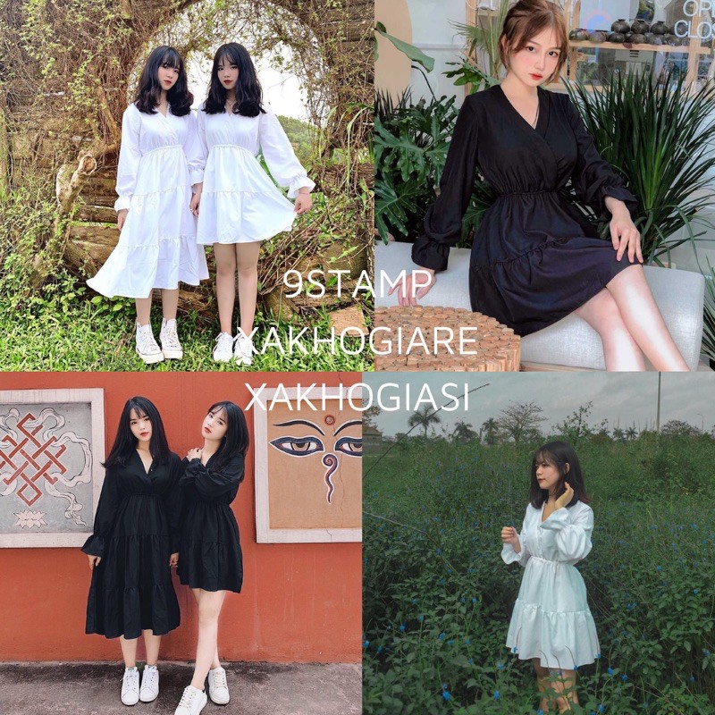 Đầm babydoll dáng xoè tay dài trắng và đen đôi bạn thân dáng ngắn và dáng dài