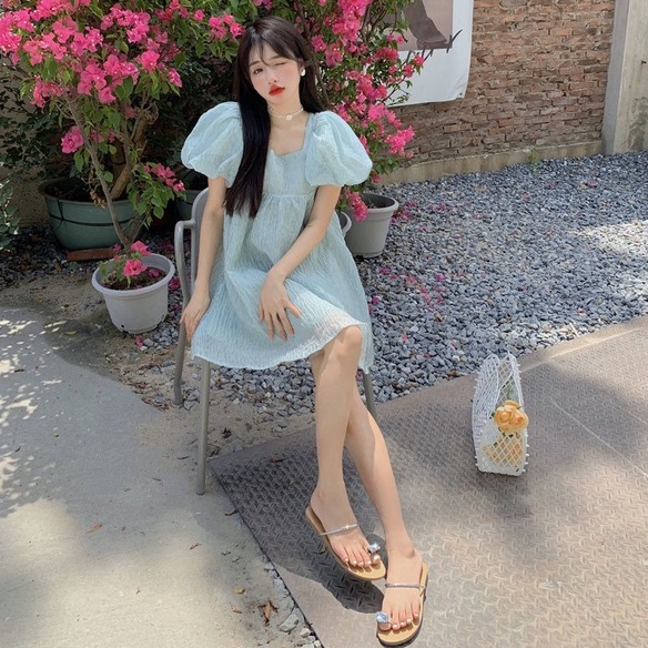 Đầm chiffon ZHELIHANGFEI tay ngắn màu đơn sắc phong cách mới thời trang cho nữ