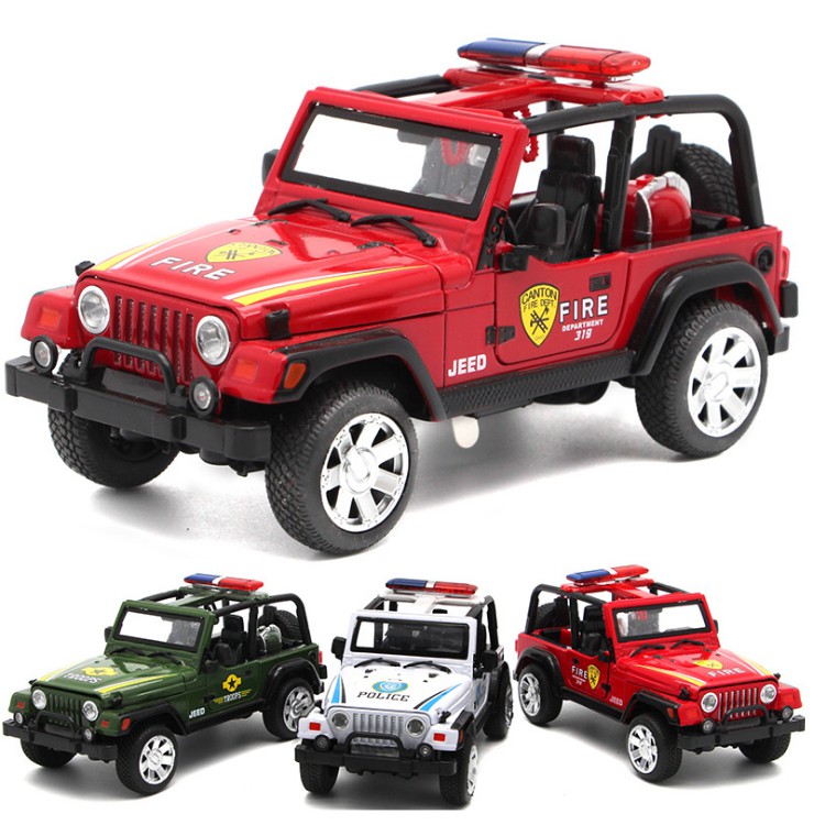 Mô hình xe Jeep 1:32 có âm thanh cảnh sát và đèn xe bằng kim loại mở được các cửa