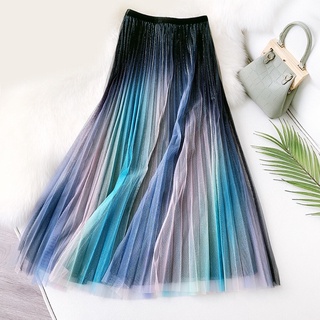 Chân váy voan xoè xếp ly ombre xanh hồng / nâu xanh