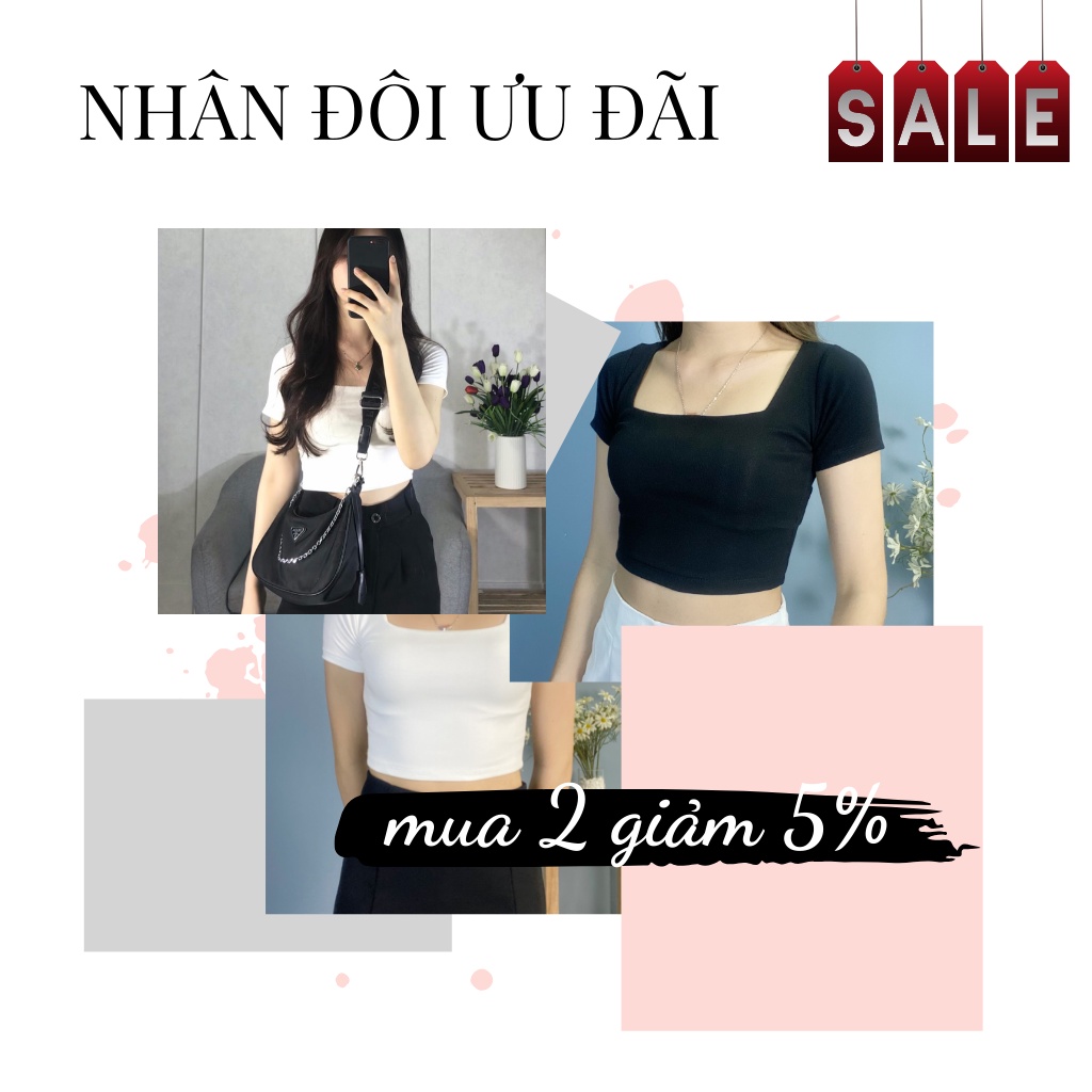 Áo thun croptop nữ EMIX (2 màu), dài 40cm, ngắn tay, cổ vuông, ôm eo, chất díp co giãn, mềm mát, tôn dáng A205