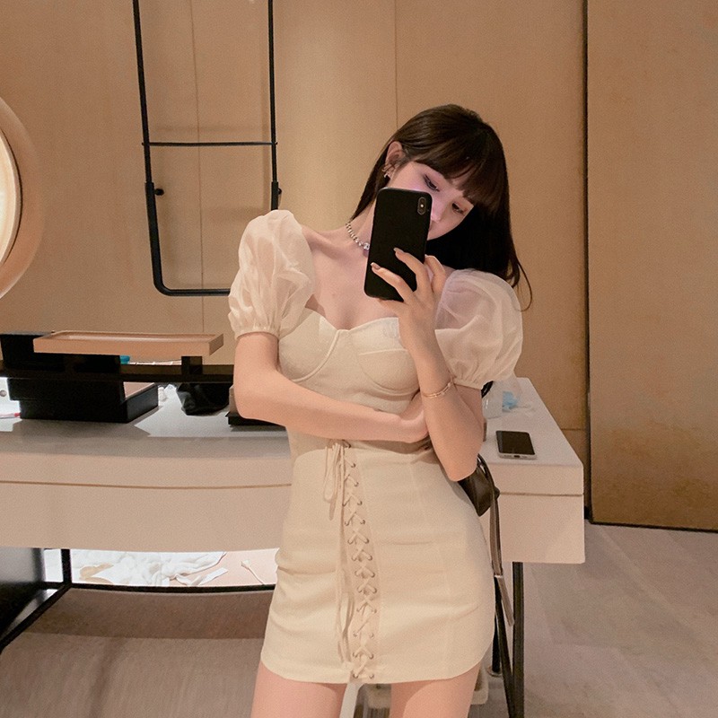 JANE Đầm dự tịệc tay nhí phồng voan thiết kế thắt dây kiểu dáng váy Bắc Âu sang trọng T85