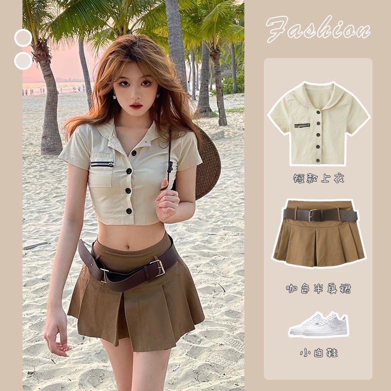 Women's suit skirt 2022 summer new Korean style sexy short shirt small pleated skirt two-piece suit