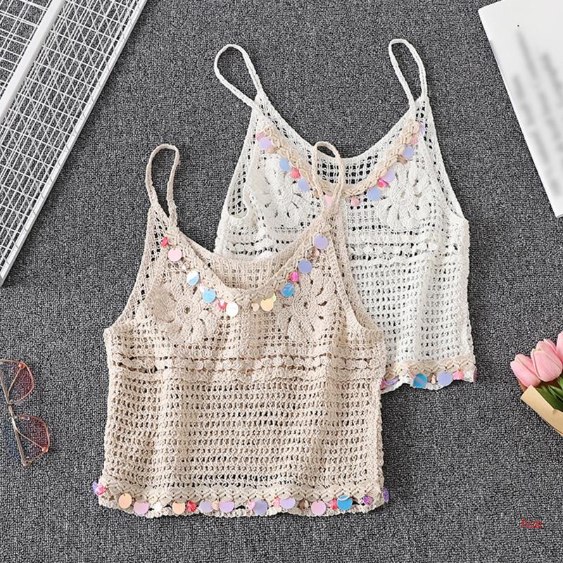 Áo Croptop Dệt Kim Hai Dây Đính Kim Sa Lấp Lánh Thời Trang Mùa Hè Cho Nữ
