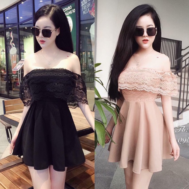 Đầm xoè phối ren trễ vai