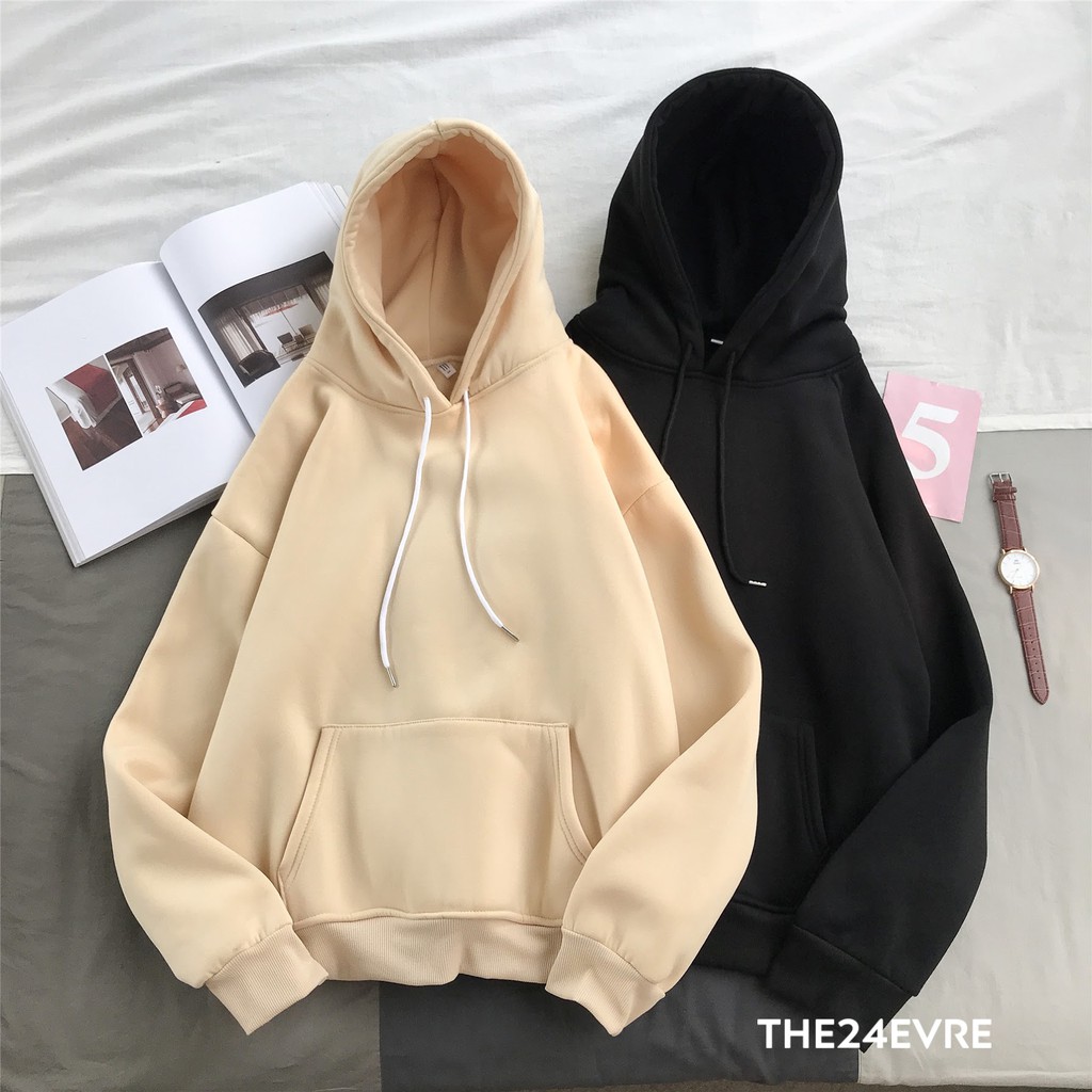 Áo hoodie form rộng phong cách Hàn Quốc năng động cho cặp đôi màu be