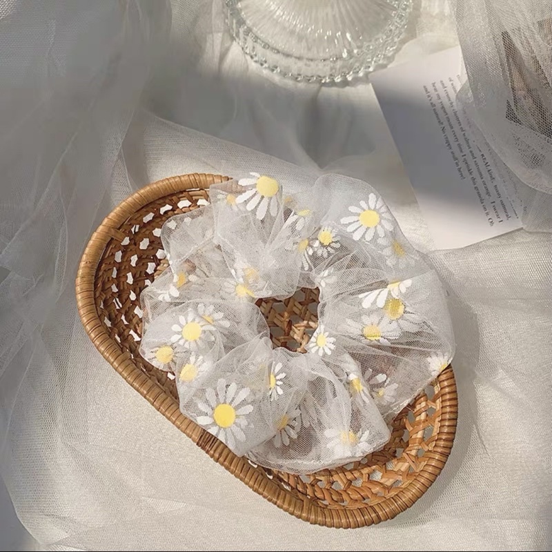 Combo 2 Cột Tóc Vải Scrunchies Hoạ Tiết Hoa Cúc Style Hàn Quốc Xinh Xắn DC08