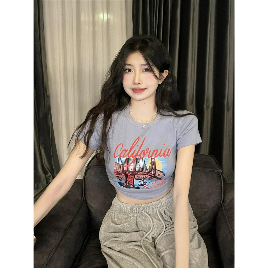 Áo Thun Cổ Tròn Dáng Ôm Ngắn In Họa Tiết Kiểu Retro Cá Tính 64016