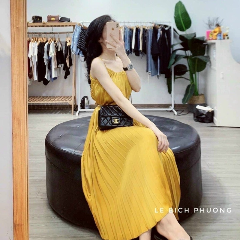 Đầm Xoè Hai Dây Dập Ly Maxi Dài - Bầu Bì Bon Chen Thoải Mái