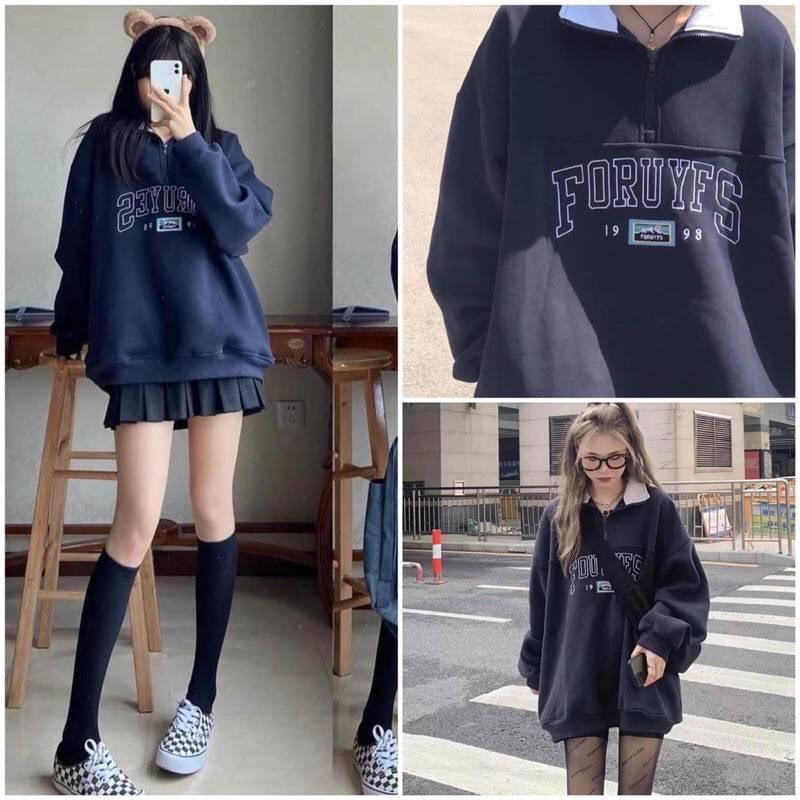 Áo Sweater Nỉ Cổ Khóa Chữ FORUYFS - Áo Thun Nữ Dài Tay Cổ Bẻ