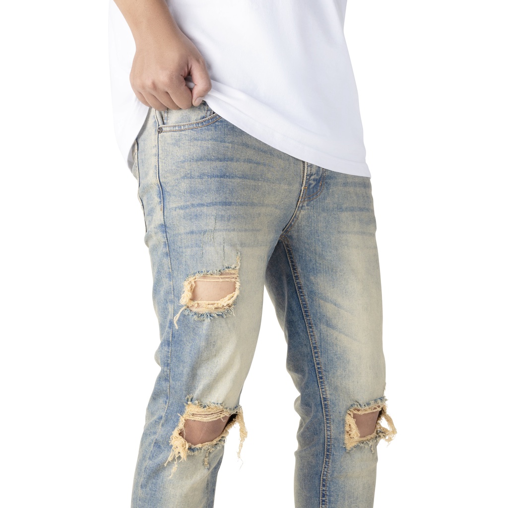 Quần jean nam streetwear cao cấp FNOS NZ10 màu xanh rách gối form slimfit jean thun co giãn | BigBuy360 - bigbuy360.vn