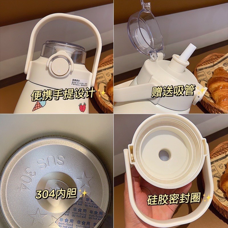 Bình nước giữ nhiệt SUS304 XINH XẮN CUTE có sticker và ống hút kiểu dáng dễ thương