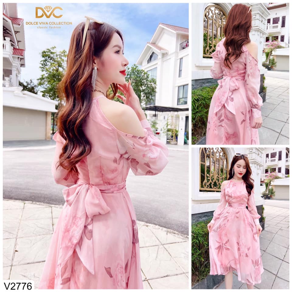 Váy voan hồng dáng xòe khoét tay cổ yếm siêu xinh V2776